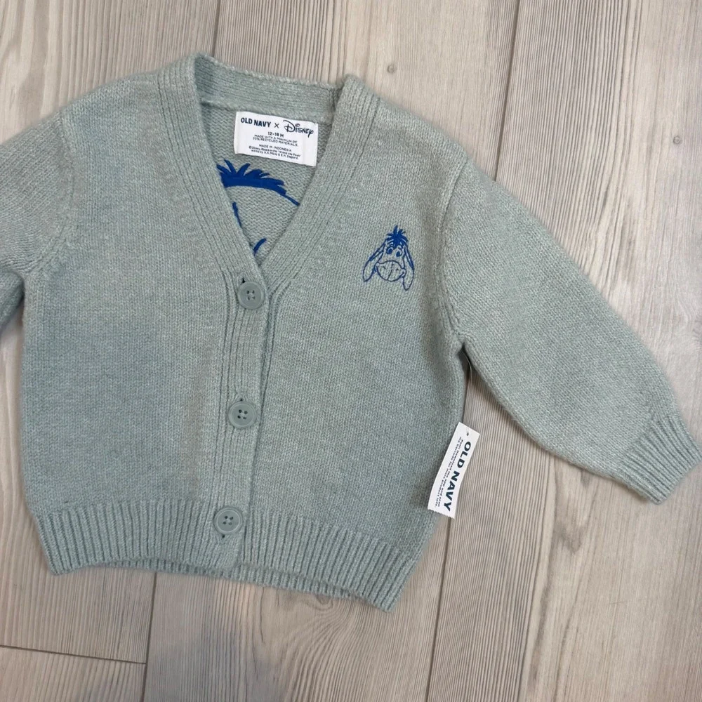 NWT Old Navy X Eeyore Cardigan Embroidered Sweater Sage 12-18M